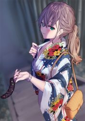 Rule 34 | 1girl, bag, blush, brown hair, chocolate banana, collar tug, commentary request, floral print, food, from side, green eyes, highres, holding, holding food, itohana, japanese clothes, kimono, long hair, long sleeves, looking at viewer, original, outdoors, paid reward available, seductive smile, shoulder bag, sidelocks, smile, solo, stairs, textless version, watch, wide sleeves, wristwatch, yukata