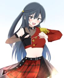 Rule 34 | 1girl, asymmetrical sleeves, belt, black belt, black gloves, black hair, blush, breasts, clenched hands, collarbone, commentary request, cropped jacket, dive! (love live!), earrings, epaulettes, fingerless gloves, gloves, goa1126, grey eyes, highres, jewelry, long hair, long sleeves, looking at viewer, love live!, love live! nijigasaki high school idol club, medium breasts, midriff, navel, one side up, open mouth, red skirt, sidelocks, single epaulette, single glove, skirt, solo, standing, star (symbol), star earrings, teeth, upper body, upper teeth only, v-shaped eyebrows, white background, yuki setsuna (love live!)
