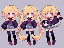 Rule 34 | 1girl, alternate costume, alternate hairstyle, antique phone, arm behind back, black thighhighs, blonde hair, blue shorts, blush stickers, brown footwear, closed mouth, grey background, happy, highres, holding, holding phone, open mouth, outline, phone, pout, puffy sleeves, purple eyes, purple sweater, rotary phone, rueruechn, shorts, sidelocks, smile, solo, sweater, thighhighs, turtleneck, twintails, urotsuki, variations, white outline, yume 2kki