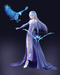 Rule 34 | 1girl, absurdres, animal, bare shoulders, bird, blue dress, blue gloves, blue hair, bow (weapon), bridal gauntlets, closed mouth, dress, earrings, elbow gloves, flying, glint, gloves, green eyes, high heels, highres, holding, holding bow (weapon), holding weapon, ice, jewelry, leg tattoo, light blue hair, long hair, necklace, original, pink lips, see-through, snowflake earrings, snowflakes, standing, talons, tattoo, tiara, turtleneck, weapon, wendy (ghks0660), white footwear