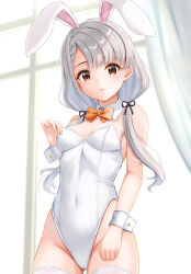 Rule 34 | 1girl, absurdres, animal ears, bare shoulders, blush, bow, bowtie, breasts, brown eyes, ca paria, cameltoe, cleft of venus, covered navel, detached collar, fake animal ears, highleg, highleg leotard, highres, hisakawa nagi, idolmaster, idolmaster cinderella girls, leotard, long hair, looking at viewer, low twintails, medium breasts, playboy bunny, rabbit ears, solo, strapless, strapless leotard, thighhighs, traditional bowtie, twintails, white hair, white leotard, white thighhighs, wrist cuffs