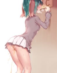 Rule 34 | 1girl, animal ears, ass, bad id, bad pixiv id, blush, breasts, breath, brown shirt, clenched hand, dog ears, door, faceless, faceless female, female focus, from behind, green hair, hand up, have to pee, highres, kasodani kyouko, leaning forward, long sleeves, medium breasts, miniskirt, nose blush, open mouth, panties, pee, peeing, peeing self, pleated skirt, shiny skin, shirt, short hair, skirt, solo, standing, sweat, textless version, touhou, underwear, wet, wet clothes, wet panties, white panties, white skirt, yonaga (masa07240)