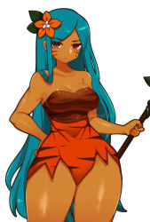 Rule 34 | 1girl, bare shoulders, blue hair, breasts, cleavage, closed mouth, collarbone, cookie run, dark-skinned female, dark skin, expressionless, facial mark, flower, hair flower, hair ornament, highres, large breasts, long hair, looking at viewer, rayrie, red eyes, solo, thick thighs, thighs, tiger lily cookie, twitter username, very long hair