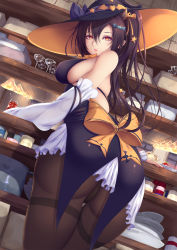 Rule 34 | 1girl, ass, azur lane, bare shoulders, black dress, black panties, black pantyhose, bow, breasts, brown hair, candy hair ornament, detached sleeves, dress, fang, food-themed hair ornament, from behind, hair between eyes, hair bow, hair ornament, halloween, halloween costume, hat, highres, horns, isuzu (azur lane), isuzu (night of fairy tale) (azur lane), large breasts, long hair, looking at viewer, looking back, nail polish, panties, pantyhose, red eyes, shiro usagi, side ponytail, sidelocks, solo, standing, star (symbol), star hair ornament, thighband pantyhose, underwear, witch hat, yellow bow