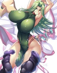 Rule 34 | 1girl, angelg, armpits, arms up, artist name, breasts, from above, green hair, haganef, huge breasts, lamia loveless, long hair, looking ahead, mecha, mechanical wings, new year, robot, smile, solo, super robot wars, super robot wars original generation, visor, white background, wings