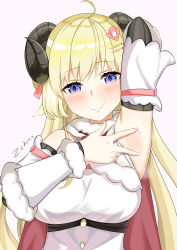 Rule 34 | 1girl, absurdres, ahoge, arm up, armpit focus, armpits, blonde hair, blue eyes, blush, breasts, hair ornament, hairclip, highres, hololive, horns, long hair, looking at viewer, medium breasts, presenting armpit, sheep girl, smile, solo, spread armpit, tsunomaki watame, tsunomaki watame (1st costume), upper body, virtual youtuber, white background, zedxxx