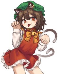 Rule 34 | 1girl, :3, :p, animal ears, cat ears, cat tail, chen, dress, earrings, hat, jewelry, mob cap, multiple tails, nekomata, petite, red dress, simple background, single earring, solo, strangenovel, tail, tongue, tongue out, touhou, two tails, white background