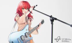 Rule 34 | 1girl, absurdres, bocchi the rock!, commentary, electric guitar, facing viewer, green eyes, guitar, hand up, highres, holding, holding instrument, holding microphone, instrument, jia redian ruzi ruzi, kita ikuyo, long hair, looking ahead, microphone, microphone stand, open mouth, orange shirt, orange skirt, red hair, shirt, simple background, skirt, smile, solo, standing, white background, wide sleeves, wristband