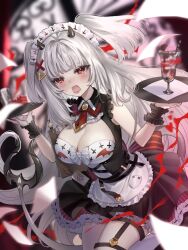 Rule 34 | 1girl, apron, black dress, blush, bow, breasts, cleavage, crying, crying with eyes open, cup, demon girl, demon horns, demon tail, dress, drinking glass, frown, highres, holding, holding tray, horns, indie virtual youtuber, large breasts, long hair, looking at viewer, lucy pyre, maid, maid apron, maid headdress, open mouth, red bow, red eyes, sleeveless, solo, tail, tears, tray, twintails, valvai, virtual youtuber, white hair
