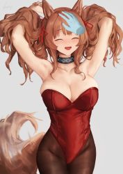 Rule 34 | 1girl, ^ ^, alternate costume, angelina (arknights), animal ears, arknights, armpits, arms up, bare shoulders, black choker, breasts, brown hair, brown pantyhose, choker, cleavage, closed eyes, commentary, cowboy shot, disembodied hand, fox ears, fox tail, grey background, groin, hair ribbon, headpat, highres, infection monitor (arknights), large breasts, leotard, long hair, nashidrop, pantyhose, playboy bunny, red leotard, red ribbon, ribbon, simple background, smile, solo focus, standing, strapless, strapless leotard, tail, twintails