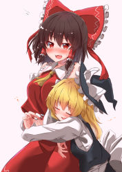 Rule 34 | 2girls, absurdres, alcohol, ascot, black hair, black headwear, blonde hair, blush, bow, closed eyes, commentary request, drunk, hair bow, hair tubes, hakurei reimu, hat, highres, hug, hug from behind, kirisame marisa, long hair, long sleeves, mukkushi, multiple girls, open mouth, pink background, red bow, red eyes, revision, sake, short hair, simple background, squeans, teeth, touhou, upper teeth only, witch hat, yellow ascot