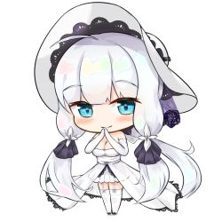 Rule 34 | 1girl, azur lane, blue eyes, blush, breasts, chibi, cleavage, closed mouth, dress, elbow gloves, full body, garter straps, gloves, hair between eyes, hand to own mouth, hat, illustrious (azur lane), large breasts, limitlimlim, long hair, looking at viewer, low twintails, own hands together, shoes, skirt, smile, solo, standing, strapless, strapless dress, sun hat, thighhighs, tri tails, twintails, white background, white dress, white gloves, white hair, white hat, white thighhighs