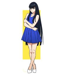 Rule 34 | 10s, 1girl, black hair, blue dress, blue eyes, casual, chris re5, crossed ankles, dress, eyebrows, full body, hair over shoulder, high heels, highres, holding own arm, jitome, kill la kill, kiryuuin satsuki, long hair, looking at viewer, pumps, shoes, signature, simple background, solo, standing, thick eyebrows, very long hair, white footwear