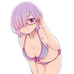 Rule 34 | 1girl, bikini, blush, breasts, chan co, cleavage, collarbone, cowboy shot, fate/grand order, fate (series), glasses, hair over one eye, large breasts, leaning forward, looking at viewer, mash kyrielight, mash kyrielight (swimsuit of perpetual summer), navel, official alternate costume, open mouth, purple-framed eyewear, purple bikini, purple eyes, purple hair, semi-rimless eyewear, short hair, simple background, smile, solo, swimsuit, thighs, white background