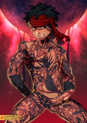 Rule 34 | 1boy, abs, angra mainyu (fate), bandages, bara, black eyes, black hair, censored, cropped legs, dark-skinned male, dark skin, erection, fate/hollow ataraxia, fate/stay night, fate (series), full-body tattoo, hand on penis, headband, highres, lvlv, male focus, male masturbation, masturbation, mosaic censoring, muscular, navel, nipples, nude, paid reward available, pectorals, penis, penis grab, short hair, solo, tattoo, testicles, thighs