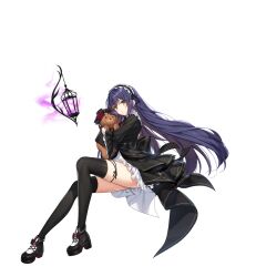 Rule 34 | 1girl, black dress, black footwear, black thighhighs, closed mouth, closers, dress, eunha (closers), frilled dress, frills, green eyes, headdress, highres, hugging doll, hugging object, long hair, long sleeves, looking at viewer, non-web source, official art, purple hair, shoes, simple background, solo, stuffed animal, stuffed toy, teddy bear, thighhighs, thighs, very long hair, white background, wide sleeves