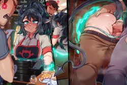 Rule 34 | 1girl, 2boys, anger vein, animal ears, apron, aqua eyes, ass grab, barista, black hair, black horns, black skin, blush, body fur, breasts, brown pants, character request, clothed sex, clothes pull, coffee, coffee cup, colored skin, commentary, croissant, cup, dark penis, deep skin, demon girl, demon tail, disposable cup, doggystyle, employee uniform, english commentary, faceless, faceless male, food, goat ears, highres, horns, large breasts, large penis, long hair, merunyaa, multicolored skin, multiple boys, original, panties, pants, pants pull, panty pull, penis, ponytail, portal (object), pussy juice, sex, sex from behind, slit pupils, solo focus, stealth sex, tail, through wall, two-tone skin, uncensored, underwear, uniform, veins, veiny penis, white fur, white panties
