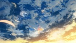 Rule 34 | 1girl, blue sky, blurry, blurry foreground, cloud, cloudy sky, commentary request, depth of field, flying, highres, light rays, original, outdoors, outstretched arms, scenery, sky, solo, spread arms, sunset, y y (ysk ygc)