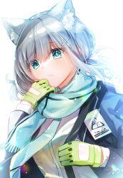 Rule 34 | 1girl, amatsuji, animal ear fluff, animal ears, aqua eyes, aqua scarf, black jacket, blue archive, blush, closed mouth, commentary, cross hair ornament, dress shirt, expressionless, eyelashes, eyes visible through hair, gloves, green gloves, grey hair, hair between eyes, hair ornament, hand up, highres, jacket, long sleeves, looking afar, low twintails, medium hair, open clothes, open jacket, scarf, shiroko (blue archive), shirt, short twintails, signature, simple background, solo, twintails, upper body, white background, white shirt, wolf ears, wolf girl