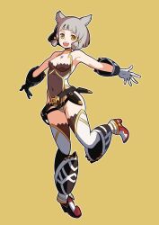 1girl :d animal_ear_fluff animal_ears bare_shoulders blush boots breasts brown_background brown_eyes brown_leotard cianter collarbone commentary_request covered_navel fold-over_boots gloves grey_hair leotard looking_at_viewer nia_(xenoblade) open_mouth red_footwear short_hair sidelocks simple_background small_breasts smile solo standing standing_on_one_leg thighhighs thighhighs_under_boots white_gloves white_thighhighs xenoblade_chronicles_(series) xenoblade_chronicles_2