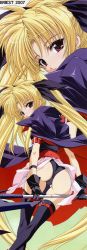 Rule 34 | 1girl, absurdres, artist request, ass, bardiche (device form) (nanoha), bardiche (nanoha), belt, black gloves, black leotard, black thighhighs, blonde hair, blush, cameltoe, cape, fate testarossa, fate testarossa (original form), from behind, gloves, hair ribbon, highres, huge filesize, leotard, long hair, long image, looking at viewer, looking back, lyrical nanoha, magical girl, mahou shoujo lyrical nanoha, parted lips, red eyes, ribbon, scan, scan artifacts, shiny skin, skin tight, solo, standing, stick poster, thighhighs, twintails, very long hair, zoom layer