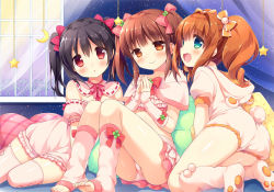 Rule 34 | 10s, 3girls, :d, :o, animal hands, animal hood, barefoot, black hair, blue eyes, blush, bow, brown eyes, brown hair, clover, crescent, crossover, detached sleeves, feet, four-leaf clover, hair bow, hood, idolmaster, idolmaster (classic), idolmaster cinderella girls, looking at viewer, love live!, love live! school idol project, multiple girls, ogata chieri, open mouth, panties, pink panties, pom pom (clothes), puffy detached sleeves, puffy sleeves, red eyes, ribbon-trimmed collar, ribbon-trimmed sleeves, ribbon trim, sky, smile, socks, star (sky), star (symbol), starry sky, suimya, takatsuki yayoi, thighhighs, toeless legwear, toes, twintails, underwear, yazawa nico