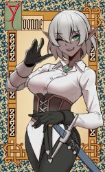 Rule 34 | 1girl, black gloves, black pants, blush, breasts, buttons, character name, collared shirt, commentary, corset, dark-skinned female, dark elf, dark skin, elf, english commentary, english text, fangs, gauntlets, gloves, grey hair, hair between eyes, highres, jewelry, looking at viewer, mawaridi, medium breasts, necklace, one eye closed, open mouth, original, pants, pointy ears, sheath, sheathed, shirt, short hair, single gauntlet, single glove, smile, solo, sword, teeth, upper teeth only, weapon, white shirt, yvonne (mawaridi)