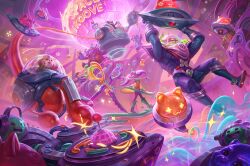 Rule 34 | 1boy, 2girls, absurdres, animal, arms up, blitzcrank, bodysuit, boots, cat, dog, dress, english text, floating, green footwear, gwen (league of legends), helmet, highres, league of legends, lulu (league of legends), multiple girls, nasus, nunu (league of legends), official alternate costume, official art, outstretched arms, oversized object, pantyhose, pink hair, robot, scissors, space groove blitz &amp; crank, space groove gwen, space groove lulu, space groove nasus, space groove nunu, space groove willump, space helmet, twintails, ufo, willump, yellow dress