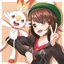 Rule 34 | 1girl, bad id, bad pixiv id, blush, brown eyes, brown hair, commentary request, creatures (company), game freak, gen 8 pokemon, gloria (pokemon), green hat, hair between eyes, hat, highres, long sleeves, looking at viewer, nintendo, open mouth, peace symbol, pokemon, pokemon (creature), pokemon swsh, red eyes, scorbunny, seiza, shirt, short hair, simple background, sitting, smile, ta rou 51, tam o&#039; shanter, teeth, upper teeth only, v