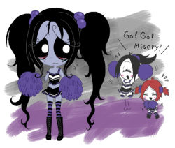 Rule 34 | 3girls, black hair, black sclera, blush stickers, boots, cheerleader, colored sclera, eyelashes, goth fashion, hair bobbles, hair ornament, iris (ruby gloom), long hair, midriff, misery (ruby gloom), multiple girls, nervous, outdoors, ponytail, red hair, ruby gloom, ruby gloom (character), short twintails, skirt, standing, strap slip, striped clothes, striped thighhighs, thighhighs, twintails, very long hair