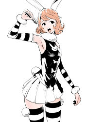 Rule 34 | 1girl, animal ears, animal print, arm up, armpits, black eyes, bow, breasts, detached sleeves, frilled sleeves, frills, fur-trimmed sleeves, fur trim, holding, holding microphone, hunter x hunter, light brown hair, microphone, nostrils, open mouth, partially colored, piyon (hunter x hunter), pleated skirt, rabbit ears, rabbit print, rabbit tail, round teeth, shirt, short hair, sideboob, simple background, skirt, sleeveless, sleeveless shirt, solo, striped clothes, striped sleeves, striped thighhighs, sumiran (sumiran56565656), swept bangs, tail, teeth, thighhighs, thighs, tongue, white background, wireless, zettai ryouiki
