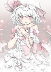 Rule 34 | 1girl, albino, alternate costume, arm ribbon, bare shoulders, bat wings, chikado, colored eyelashes, dress, flower, frilled dress, frills, gradient background, hat, hat flower, looking at viewer, mob cap, off shoulder, open mouth, red eyes, remilia scarlet, ribbon, rose, short hair, short sleeves, sketch, slit pupils, solo, touhou, white hair, wings, wrist cuffs, wrist ribbon