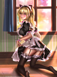 Rule 34 | 1girl, alternate costume, alternate hair color, animal ears, apron, ass, backlighting, black dress, black thighhighs, blonde hair, braid, breasts, cat ears, clothes lift, commentary, d.va (overwatch), dress, english commentary, enmaided, facepaint, facial mark, from behind, garter straps, indoors, kneeling, liang xing, light beam, looking at viewer, looking back, maid, maid apron, maid headdress, medium breasts, no shoes, nose, official alternate costume, on floor, overwatch, overwatch 1, panties, pink lips, puffy short sleeves, puffy sleeves, ribbon, short sleeves, skirt, skirt lift, smile, solo, sunlight, thighhighs, twin braids, underwear, waist apron, watermark, web address, whisker markings, white panties, window, wrist cuffs
