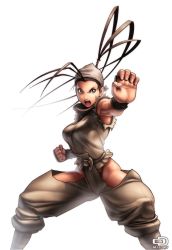 Rule 34 | 1girl, antenna hair, bandana, bare hips, breasts, capcom, fighter, fighting stance, hair slicked back, highres, hip vent, ibuki (street fighter), large breasts, muscular, ninja, omar dogan, solo, street fighter, street fighter iii (series)