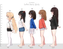 Rule 34 | 5girls, ahoge, arms behind back, barefoot, black hair, black jacket, black shorts, black skirt, blonde hair, blue cardigan, blue eyes, blush, breasts, brown hair, cardigan, commentary, comodomodo, denim, denim skirt, dress, english commentary, faeryn (comodomodo), from side, full body, green eyes, hair bobbles, hair ornament, height chart, highres, jacket, long hair, lulla (comodomodo), miniskirt, miu (comodomodo), mother and daughter, multiple girls, no shoes, orange shirt, original, pantyhose, pleated skirt, red eyes, shirt, short hair, short shorts, shorts, skirt, sol (comodomodo), standing, thighs, twintails, white dress, white pantyhose, white shirt, white skirt