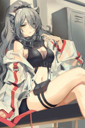 Rule 34 | 1girl, animal ears, arknights, bare shoulders, black scarf, breasts, cat ears, cleavage, commentary, crop top, crossed legs, eyes visible through hair, feet out of frame, hair over one eye, highres, indoors, jacket, large breasts, long hair, long sleeves, looking at viewer, lucidsky, midriff, navel, off shoulder, open clothes, open jacket, pouch, scarf, schwarz (arknights), silver hair, sitting, solo, stomach, thigh strap, thighs, white jacket, yellow eyes