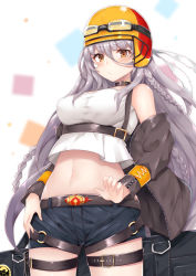 Rule 34 | 1girl, bag, belt, blouse, blush, braid, breasts, brown eyes, brown jacket, choker, closed mouth, coffeedog, cowboy shot, girls&#039; frontline, grey hair, hair between eyes, helmet, highres, jacket, large breasts, long hair, looking at viewer, m60 (girls&#039; frontline), midriff, motorcycle helmet, navel, open clothes, open jacket, pursed lips, shirt, short shorts, shorts, sleeveless, sleeveless shirt, solo, stomach, tank top, taut clothes, taut shirt, thigh strap, tsurime, v-shaped eyebrows, very long hair, white shirt