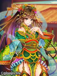 Rule 34 | 1girl, bare shoulders, braid, brown eyes, brown hair, chinese clothes, coin, daisenran!! sangokushi battle, earrings, garter straps, hair ornament, hand on own chest, headgear, hoop earrings, jewelry, long hair, obi, original, ponytail, sash, smile, solo, standing, sweetwitch, watermark, wide sleeves