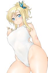 Rule 34 | 1girl, blonde hair, blue eyes, blush, boku wa tomodachi ga sukunai, breasts, butterfly hair ornament, competition swimsuit, cowboy shot, day, from below, hair ornament, ruffling hair, highleg, highleg swimsuit, highres, kashiwazaki sena, large breasts, long hair, looking at viewer, one-piece swimsuit, onsoku inu, simple background, solo, swimsuit, white background, white one-piece swimsuit