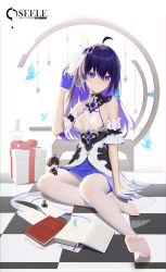 Rule 34 | 1girl, absurdres, alcohol, alternate costume, alternate hair color, antenna hair, blue butterfly, bug, butterfly, checkered floor, closed mouth, cup, doll, dress, full body, gift, gloves, hair between eyes, heart-heavenly5, highres, holding, holding cup, honkai (series), honkai impact 3rd, ink, insect, long hair, looking at viewer, no shoes, on floor, pantyhose, purple eyes, purple hair, quill, see-through, seele (alter ego), seele vollerei, seele vollerei (starchasm nyx), short sleeves, sitting, smile, soles, solo, spilling, toes, wet, wet clothes, white dress, white gloves, white pantyhose, wine