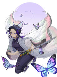 1girl absurdres animal_print belt bug butterfly butterfly_hair_ornament butterfly_print cape full_body hair_ornament highres holding holding_sword holding_weapon insect jacket kimetsu_no_yaiba ko_yarn kochou_shinobu looking_at_viewer pants purple_eyes purple_hair purple_jacket purple_pants short_hair solo sword weapon white_cape