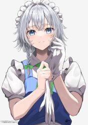 Rule 34 | 1girl, adjusting clothes, adjusting gloves, blue dress, blue eyes, braid, collared shirt, commentary, commentary request, double-parted bangs, dress, frilled dress, frills, glove pull, gloves, green ribbon, grey background, grey hair, hair ribbon, harumomiji, highres, holding, holding clothes, holding gloves, izayoi sakuya, light blush, looking at viewer, maid, maid headdress, medium hair, neck ribbon, puffy short sleeves, puffy sleeves, putting on gloves, ribbon, shirt, short sleeves, signature, smile, solo, touhou, twin braids, unworn gloves, upper body, white gloves, white shirt