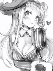 Rule 34 | 1girl, alternate breast size, bad id, bad twitter id, blunt bangs, blush, breasts, cleavage, closed mouth, cone hair bun, greyscale, hair bun, hand up, hat, heart, highres, hololive, jacket, large breasts, long sleeves, looking at viewer, monochrome, murasaki shion, murasaki shion (1st costume), nanashi (nlo), pinstripe pattern, pinstripe shirt, shirt, simple background, single side bun, smile, solo, striped clothes, striped jacket, striped shirt, upper body, vertical-striped clothes, vertical-striped jacket, vertical-striped shirt, virtual youtuber, white background, wing collar