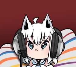 Rule 34 | 1girl, :3, ahoge, animal ears, blue eyes, blue neckerchief, chibi, chibi only, detached sleeves, fox ears, fox girl, hair between eyes, hashtag-only commentary, headphones, highres, hololive, hood, hoodie, implied extra ears, kumarang, looking at viewer, neckerchief, photo-referenced, red background, shirakami fubuki, shirakami fubuki (1st costume), solo, virtual youtuber, white hair, white hoodie, white sleeves