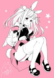 Rule 34 | 1girl, :3, absurdres, animal ears, backpack, bag, bare shoulders, blush, breasts, clothes lift, dated, detached sleeves, dot nose, earclip, garter straps, geshumaro, hair ornament, highres, knees together feet apart, large breasts, leotard, looking at viewer, monochrome, original, pink eyes, pink skirt, pink theme, pom pom (clothes), pom pom hair ornament, puffy detached sleeves, puffy short sleeves, puffy sleeves, rabbit ears, rabbit girl, rabbit tail, shoes, short sleeves, signature, skirt, skirt lift, smile, smug, solo, spot color, strapless, strapless leotard, tail, twintails, wristband