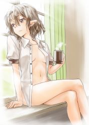 Rule 34 | 1girl, abo (hechouchou), arm support, bare legs, black hair, bottomless, breasts, brown hair, cleavage, coffee, collarbone, cup, curtains, day, female focus, indoors, crossed legs, looking away, looking outside, medium breasts, messy hair, mug, naked shirt, navel, no bra, no headwear, no headwear, no wings, open clothes, open shirt, pointy ears, shameimaru aya, shirt, short hair, sitting, solo, steam, touhou, window