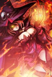 Rule 34 | 1girl, arc system works, blazblue, breasts, cleavage, glowing, glowing eyes, hair over one eye, hat, konoe a. mercury, large breasts, long hair, pink hair, witch hat, yellow eyes