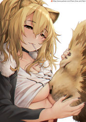 Rule 34 | 1girl, animal, animal ears, arknights, assisted exposure, black choker, black jacket, black nails, blonde hair, blush, breasts, brown eyes, candy, choker, chromatic aberration, cleavage, closed mouth, clothes lift, fang, fang out, food, food in mouth, fur-trimmed jacket, fur trim, half-closed eyes, highres, jacket, large breasts, lion, lion ears, lion girl, lollipop, long hair, long sleeves, mouth hold, nail polish, open clothes, open jacket, petting, shirt lift, siege (arknights), simple background, smile, solo, thore (nathalukpol), underboob, upper body, watermark, web address, white background