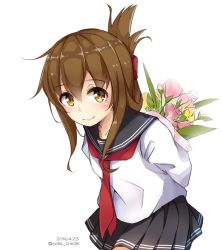 Rule 34 | 10s, 1girl, 2016, arms behind back, artist name, black skirt, blush, bouquet, brown eyes, brown hair, closed mouth, colis (regunm772), collarbone, dated, flower, folded ponytail, inazuma (kancolle), kantai collection, leaning forward, neckerchief, pleated skirt, sailor collar, shirt, simple background, skirt, smile, solo, twitter username, white background, white shirt