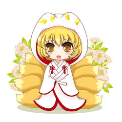 Rule 34 | 1girl, blonde hair, bride, chibi, female focus, ferre, flower, folded fan, folding fan, fox tail, hand fan, hands in opposite sleeves, hood, japanese clothes, kimono, leaf, looking at viewer, multiple tails, open mouth, short hair, simple background, solo, tail, touhou, uchikake, white background, yakumo ran, yellow eyes